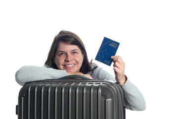 Happy Tourist Holding a Suitcase and a Brazilian Passport. Excited Traveller Woman in Studio.