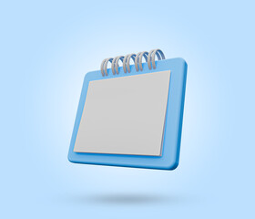 3D Calendars blank icon. Business diary with empty copy space for promotion. Plan concept. Marketing time. Creative design. Cartoon icon isolated on blue background. 3d rendered illustration.