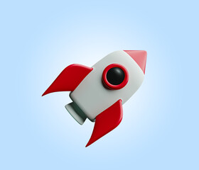 Naklejka na ściany i meble Spaceship rocket icon. Toy rocket upswing ,spewing smoke. Startup, space, business concept. Cartoon minimal style. 3d rendered illustration.