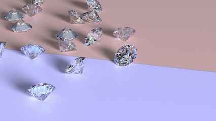 Shiny Diamonds on sky pink-purple surface background. Concept image of luxury living, expensive things and high added value. 3D CG. High resolution.