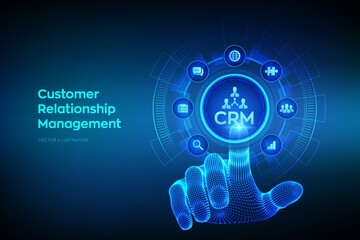 CRM. Customer Relationship Management. Customer service and relationship. Enterprise Communication planning concept on virtual screen. Wireframe hand touching digital interface. Vector illustration. - obrazy, fototapety, plakaty