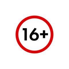 Sixteen plus icon, under 16 years old prohibition sign, age restriction symbol isolated on white. Vector illustration.