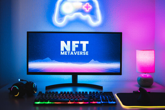 Metaverse and Blockchain Technology Concept - Gaming room displaying gamer NFT marketplace on computer screen