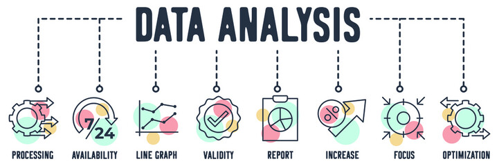 Data analysis banner web icon. processing, availability, line graph, validity, report, increase, focus, optimization vector illustration concept.