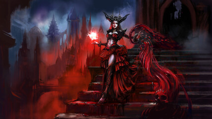 Fototapeta premium A beautiful ancient demoness vampire uses blood magic to create a skeleton warrior in a gothic castle as she descends the forest. Digital drawing style, 2D illustration