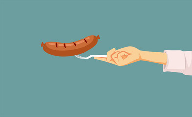 Hand with Fork Holding a Delicious Sausage Vector Cartoon Illustration. Cook giving a traditional meat dish for tasting 
