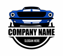 Fototapeta premium muscle car logo- vector car isolated on blue looks elegant from a stylish front and great for banners, templates, emblems, badges, clothes