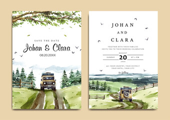 Watercolor wedding invitation set of road trip 