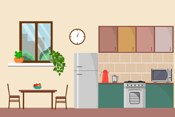 Dining area with kitchen furniture, window, table and chairs, stove and refrigerator. Vector illustration. For use in flyers, menus, covers and brochures, advertising posters.