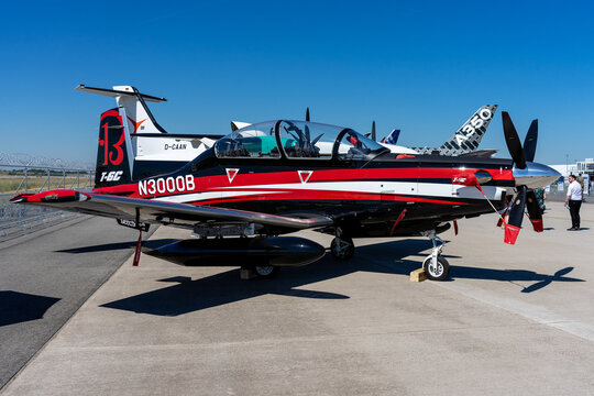 BERLIN, GERMANY - JUNE 23, 2022: Single-engine turboprop aircraft Beechcraft T-6C Texan II. Exhibition ILA Berlin Air Show 2022