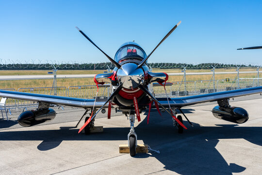 BERLIN, GERMANY - JUNE 23, 2022: Single-engine turboprop aircraft Beechcraft T-6C Texan II. Exhibition ILA Berlin Air Show 2022