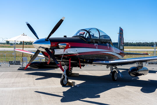BERLIN, GERMANY - JUNE 23, 2022: Single-engine turboprop aircraft Beechcraft T-6C Texan II. Exhibition ILA Berlin Air Show 2022