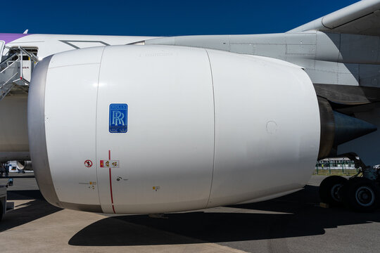 BERLIN, GERMANY - JUNE 23, 2022: The engine of Rolls-Royce Trent XWB by the wide-body jet airliner Airbus A350-900 XWB. Exhibition ILA Berlin Air Show 2022