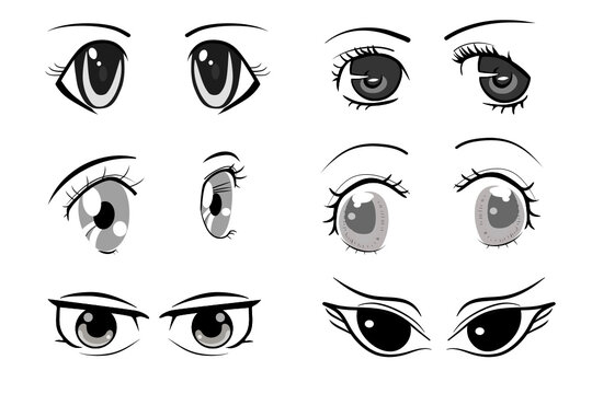 cute cartoon eyes Collection of cartoon eyes with a variety of emotions Japanese faces of male and female characters. Cartoon eyes. For shirt screen work. Vector illustration on a white background.