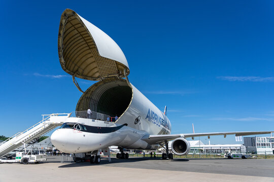 BERLIN, GERMANY - JUNE 23, 2022: Outsize cargo freight aircraft Airbus A300-600ST (Super Transporter) or Beluga. Exhibition ILA Berlin Air Show 2022