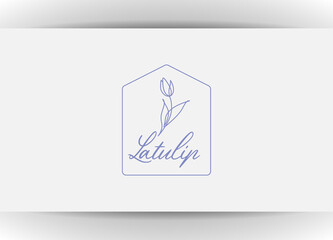 home decor store emblem with tulip in simple linear style Vector logo design template, scandinavian and minimal interior decoration, accessories and objects