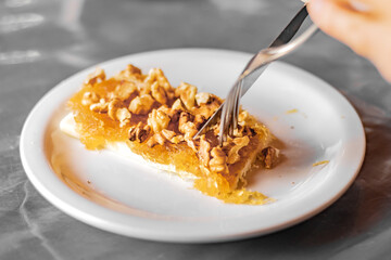 Handmade fibrous cayote or alcayota jam with quesillo (homemade cheese) and nuts as a topping. Typical dessert from the Northwest and Cuyo Regions of Argentina. 
