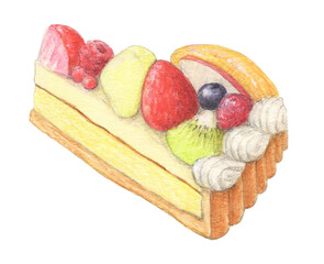 フルーツタルト　水彩色鉛筆ケーキイラスト　