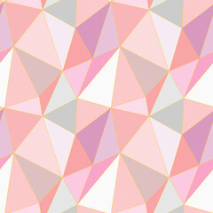 Fototapeta premium Abstract low polygonal seamless pattern. Pink, gray, white, gold triangle backdrop. Light pastel colors low poly design