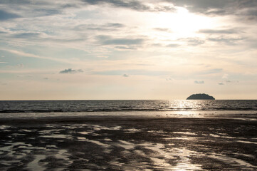 Landscape view of sunset at Tanjung Aru Beach, Kota Kinabalu, Sabah, Borneo, Malaysia. Vacation...
