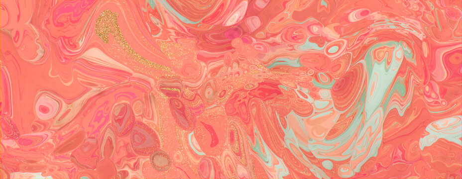 Abstract Art Banner. Paint Swirls in Beautiful Pink and Coral colors, with Gold Powder.