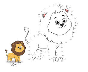 connect  dot to dot game. numbers game. draw a line. vector illustration of a cute lion. educational games for kids