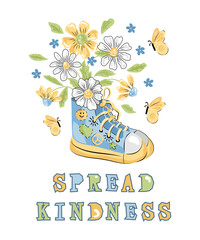 Spread kindness text and sneakers with daisy flowers. Hippie and pacifism concept. Vector illustration.