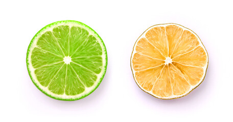 Slice of fresh lime with dry lime isolated on white background , top view , flat lay.