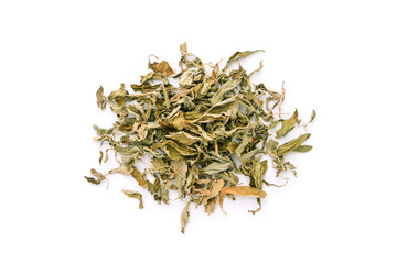 Dry stevia rebaudiana Bertoni , sweet leaf sugar substitute isolated on white background , top view , flat lay.