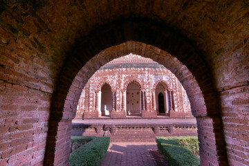 Famous terracotta (fired clay of a brownish-red colour, used as ornamental building material) artworks at Lalji Temple, Bishnupur, West Bengal, India. It is popular UNESCO heritage site of India.