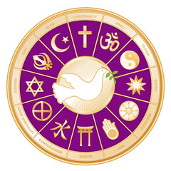 Religions of the World Gold Mandala Wheel, Dove of Peace: Christianity, Hindu, Taoism, Baha'i, Buddhism, Jain, Shinto, Confucianism, Native Spirituality, Judaism, Sikh, Islam. Royal purple background.