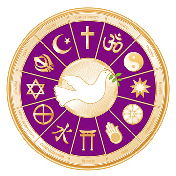 Religions of the World Gold Mandala Wheel, Dove of Peace: Christianity, Hindu, Taoism, Baha'i, Buddhism, Jain, Shinto, Confucianism, Native Spirituality, Judaism, Sikh, Islam. Royal purple background.