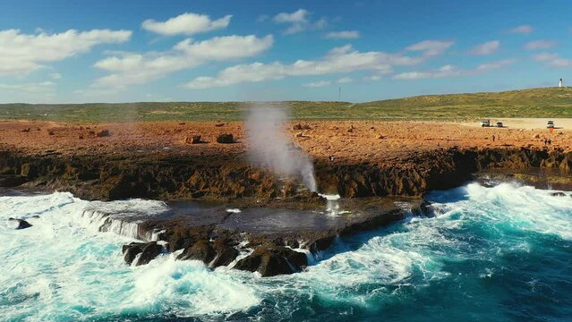 Aeriel footage of blow hole in Quobba station, Western Australia	