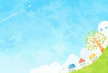 木と町並みと青空の風景イラスト