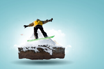 Snowboarder and Alps landscape . Mixed media