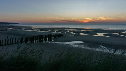beautiful twilight after sunset on the french opal coast at the north sea, Wissant, France