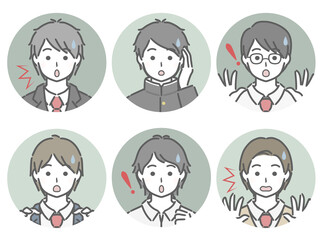 驚く男子学生の丸アイコンセット
