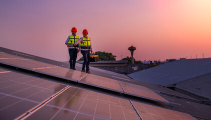Engineers walking on roof inspect and check solar cell panel by hold equipment box and radio...