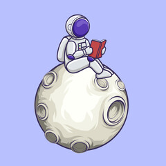 Cute Astronaut Reading Book On The Moon. Cartoon character Vector Icon Illustration. 