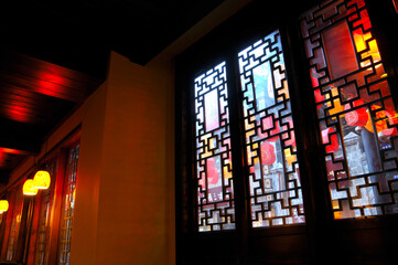 chinese traditional windows and lanterns in the temple