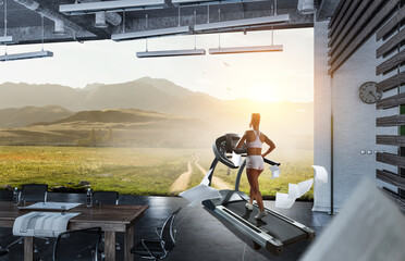 Woman running on a treadmill concept