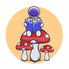 Cute Astronaut Read Book On the Mushroom. Cartoon Character Vector  Icon Illustration. Science, Education, Technology Icon Concept Isolated. Flat vector Cartoon Style