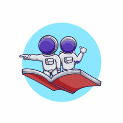 Cute Couple Of Astronauts Riding a Book to chase Dreams. Science Technology Icon Concept Isolated. Flat Cartoon Vector Style