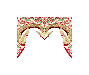 Decorative gold archway with engraving flower and naga patterns in temple isolated on white...