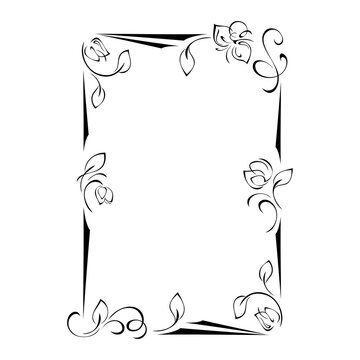 decorative frame with stylized flowers on stems with leaves and vignettes in black lines on a white background