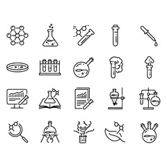 Chemistry and laboratory related line icon set. Science and scientific equipment linear icons. Lab and experiment outline vector sign collection. - obrazy, fototapety, plakaty