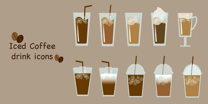 Set of Coffee and Cafe Icon. Cold, Iced Coffee drink icon Collection. Vector illustration. 