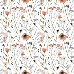 Dry poppies, herbs and berries, herbarium seamless pattern with watercolor illustrations in vintage style. Delicate dried flowers and leaves background. Texture for printing fabrics, textiles