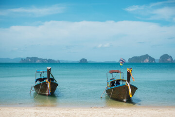 longtail boat on Tubkaak beach ready to Hong island, Krabi, Thailand. landmark, destination Southeast Asia Travel, vacation and holiday concept