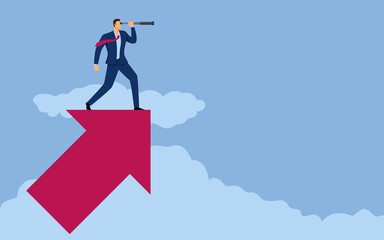 Businessman using telescope on top of arrow symbol